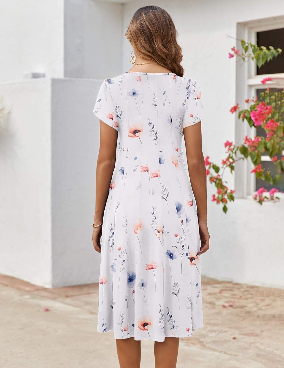 imageZEAGOO Womens Casual Dresses for Summer Short Sleeve Flare Midi Dress Loose Flowy Beach SundressWhite Floral