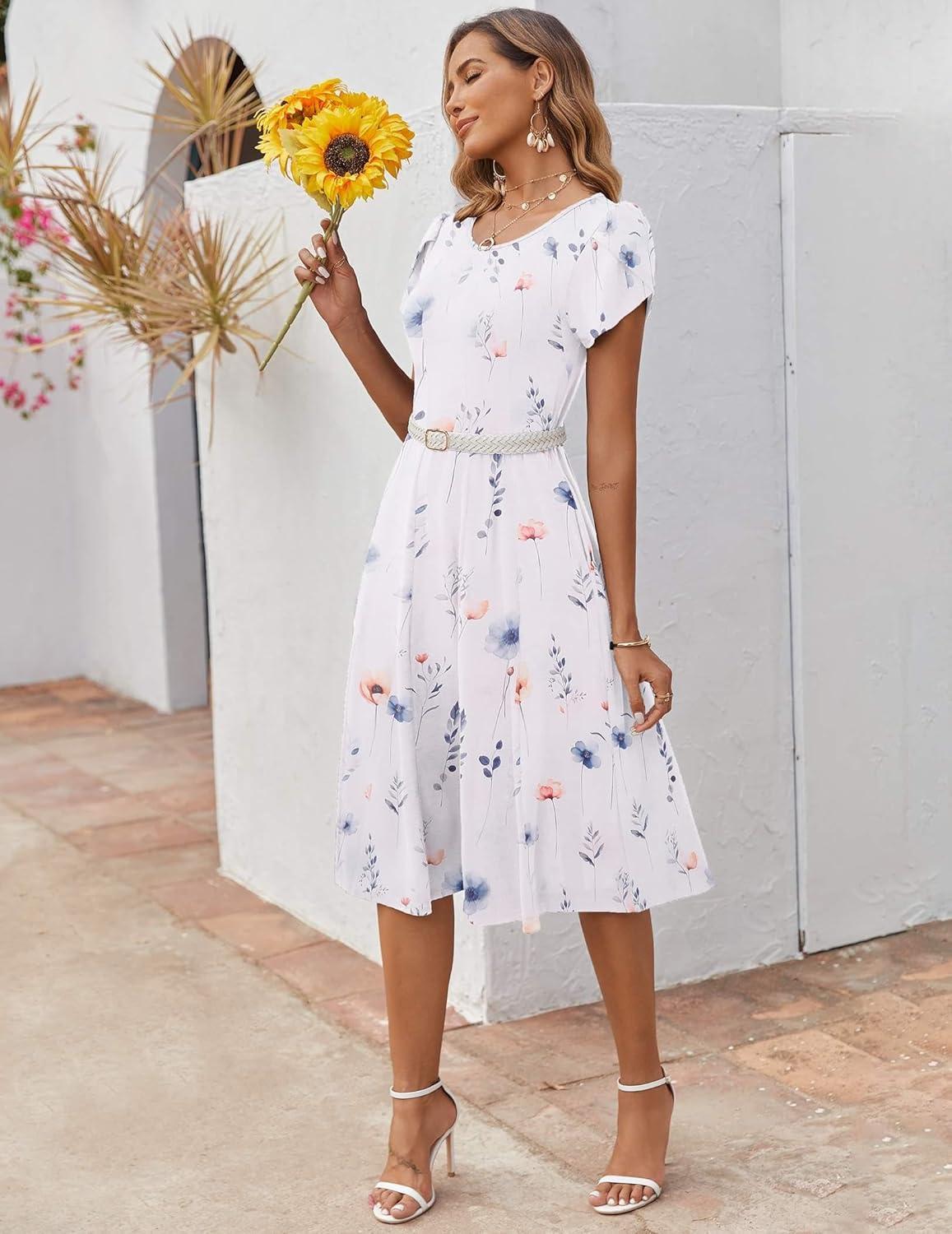 imageZEAGOO Womens Casual Dresses for Summer Short Sleeve Flare Midi Dress Loose Flowy Beach SundressWhite Floral