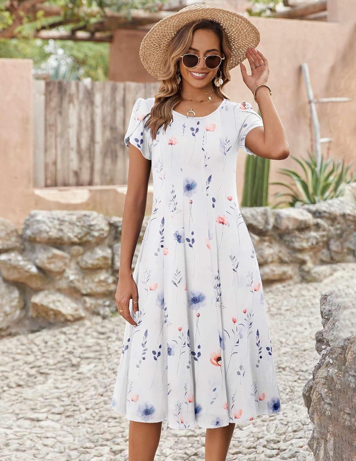 imageZEAGOO Womens Casual Dresses for Summer Short Sleeve Flare Midi Dress Loose Flowy Beach SundressWhite Floral