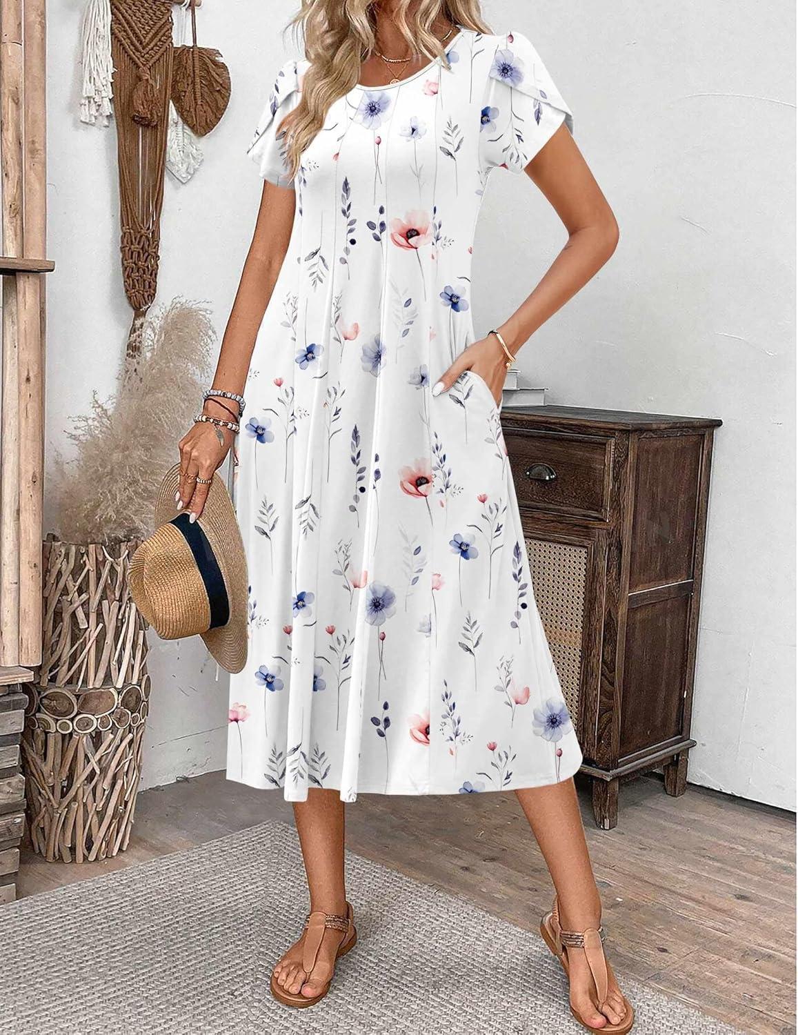 imageZEAGOO Womens Casual Dresses for Summer Short Sleeve Flare Midi Dress Loose Flowy Beach SundressWhite Floral
