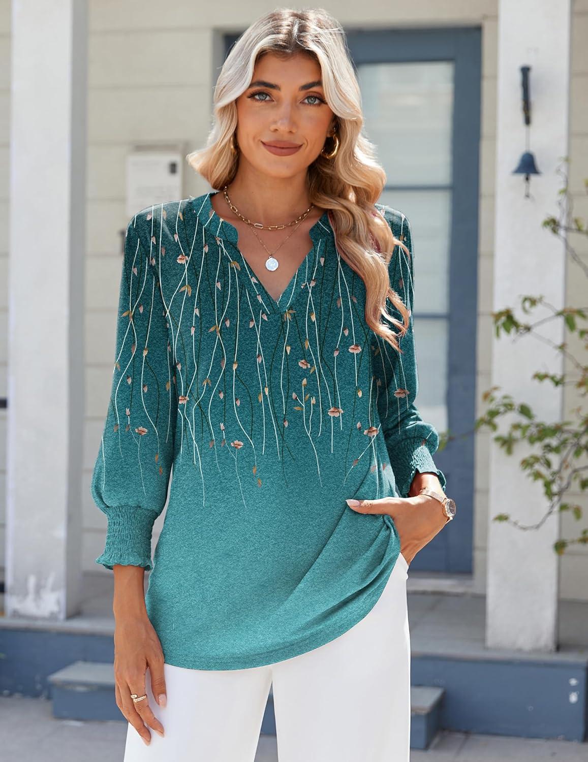 imageZeagoo 34 Length Sleeve Womens Tops 2025 Floral Womens Blouses V Neck TunicTops with Smocked CuffsBluegreen Back Branch Print