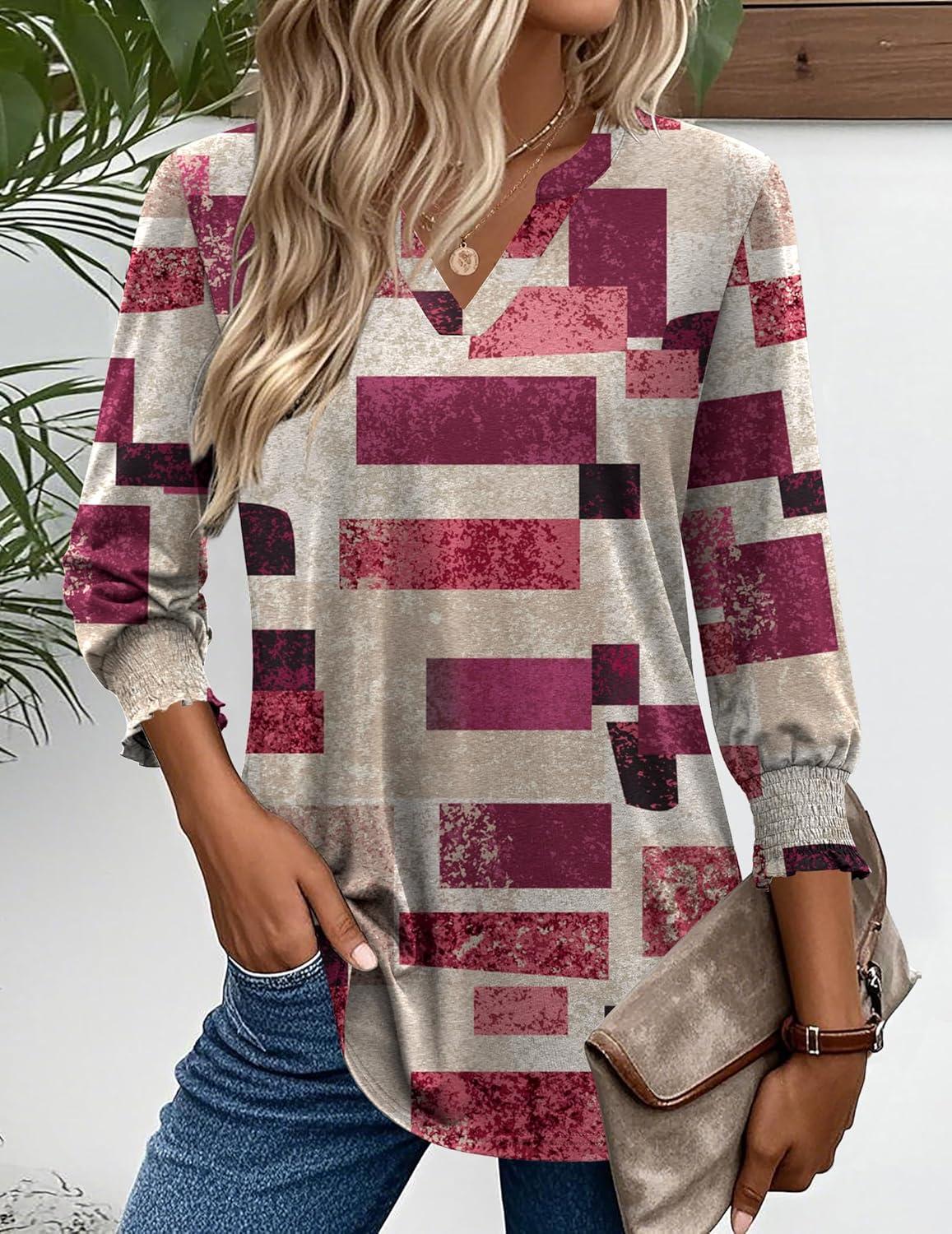imageZeagoo 34 Length Sleeve Womens Tops 2025 Floral Womens Blouses V Neck TunicTops with Smocked CuffsMulticolor Plaid 509