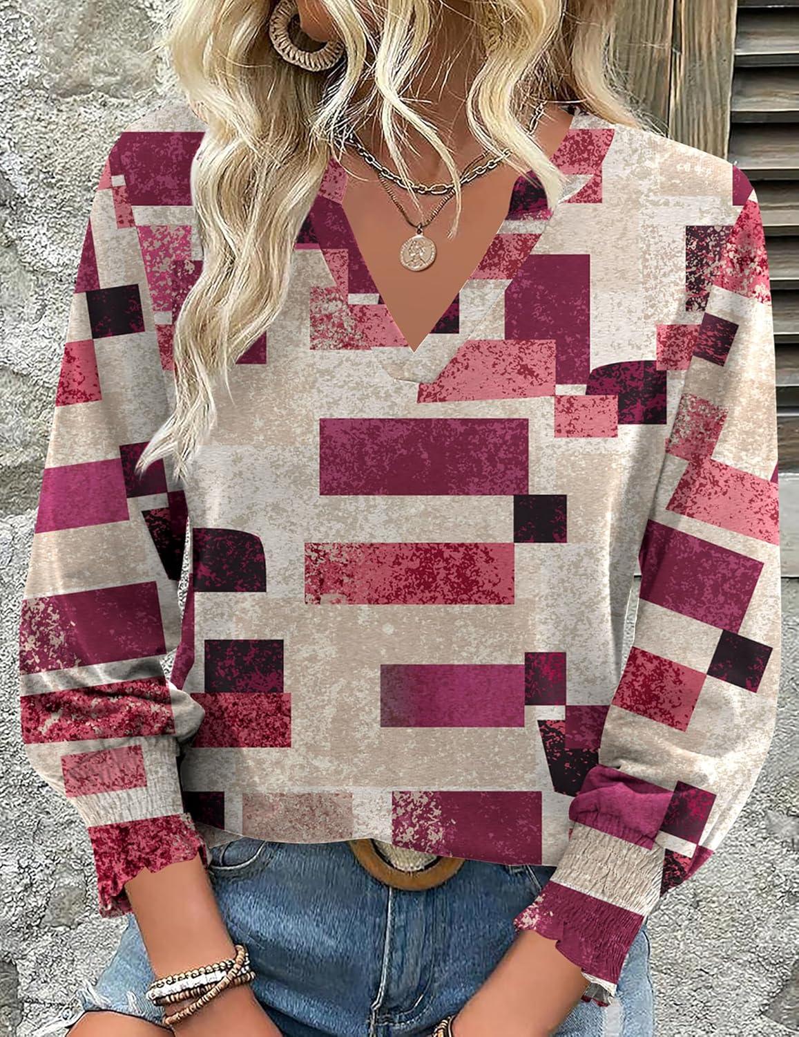 imageZeagoo 34 Length Sleeve Womens Tops 2025 Floral Womens Blouses V Neck TunicTops with Smocked CuffsMulticolor Plaid 509
