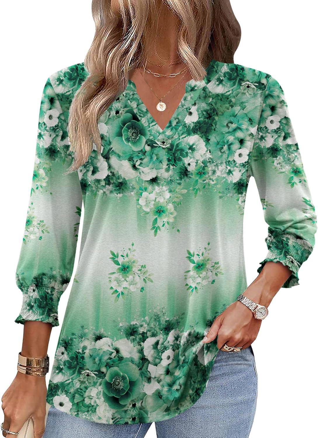 imageZeagoo 34 Length Sleeve Womens Tops 2025 Floral Womens Blouses V Neck TunicTops with Smocked CuffsPrint195