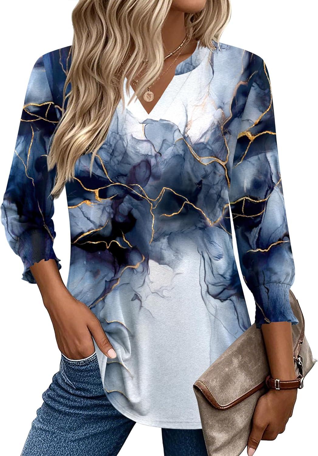 imageZeagoo 34 Length Sleeve Womens Tops 2025 Floral Womens Blouses V Neck TunicTops with Smocked CuffsPrint297