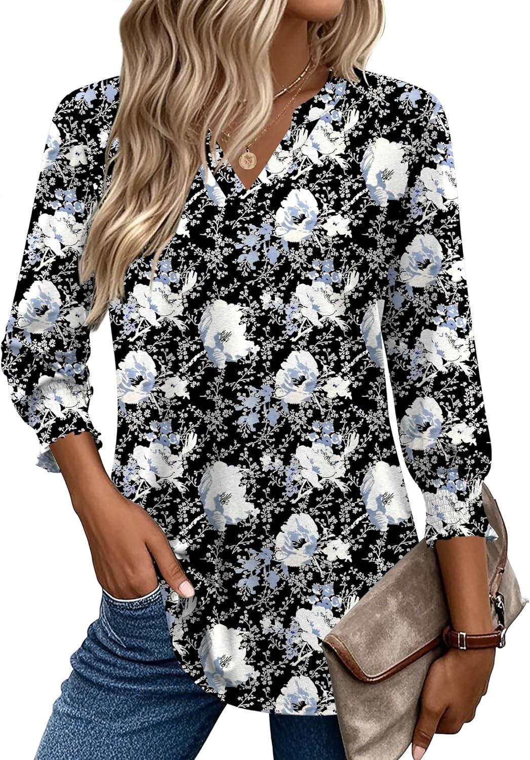 imageZeagoo 34 Length Sleeve Womens Tops 2025 Floral Womens Blouses V Neck TunicTops with Smocked CuffsPrint506