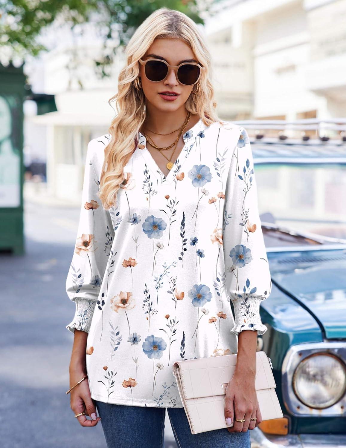 imageZeagoo 34 Length Sleeve Womens Tops 2025 Floral Womens Blouses V Neck TunicTops with Smocked CuffsPrintbf290