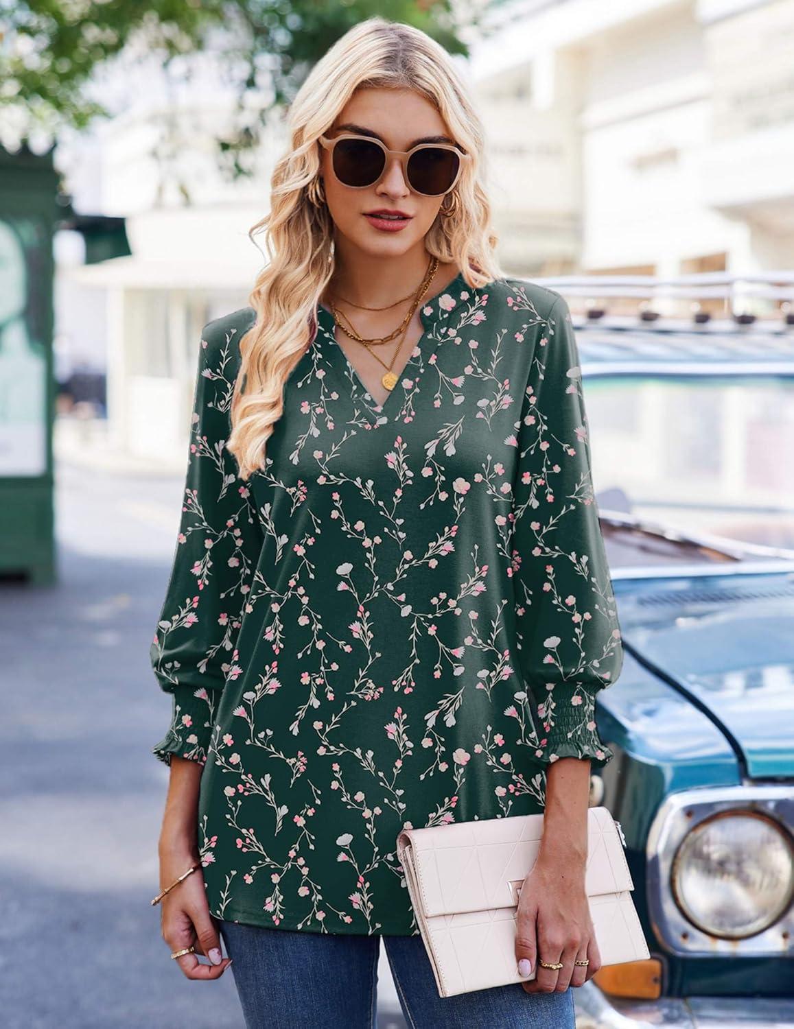imageZeagoo 34 Length Sleeve Womens Tops 2025 Floral Womens Blouses V Neck TunicTops with Smocked CuffsPrintbf320