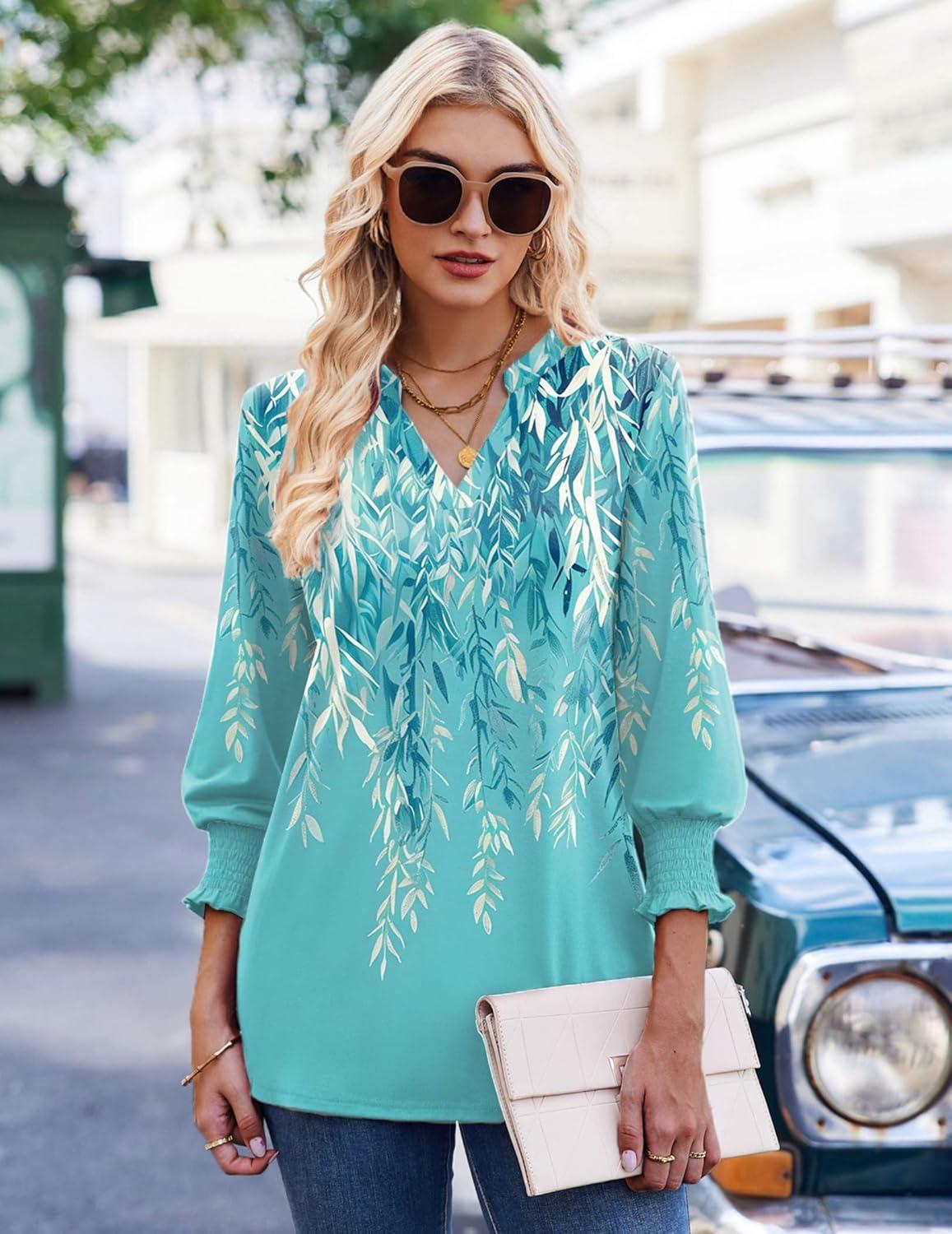 imageZeagoo 34 Length Sleeve Womens Tops 2025 Floral Womens Blouses V Neck TunicTops with Smocked CuffsPrintfp18