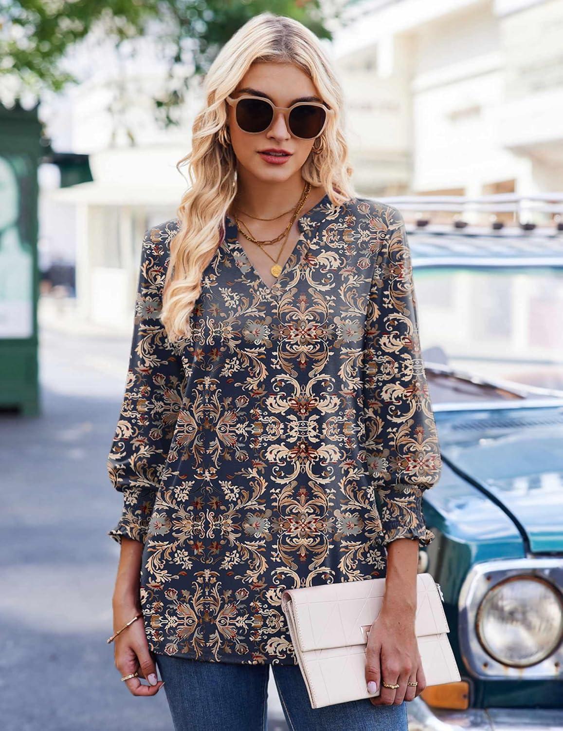 imageZeagoo 34 Length Sleeve Womens Tops 2025 Floral Womens Blouses V Neck TunicTops with Smocked CuffsPrintmz869