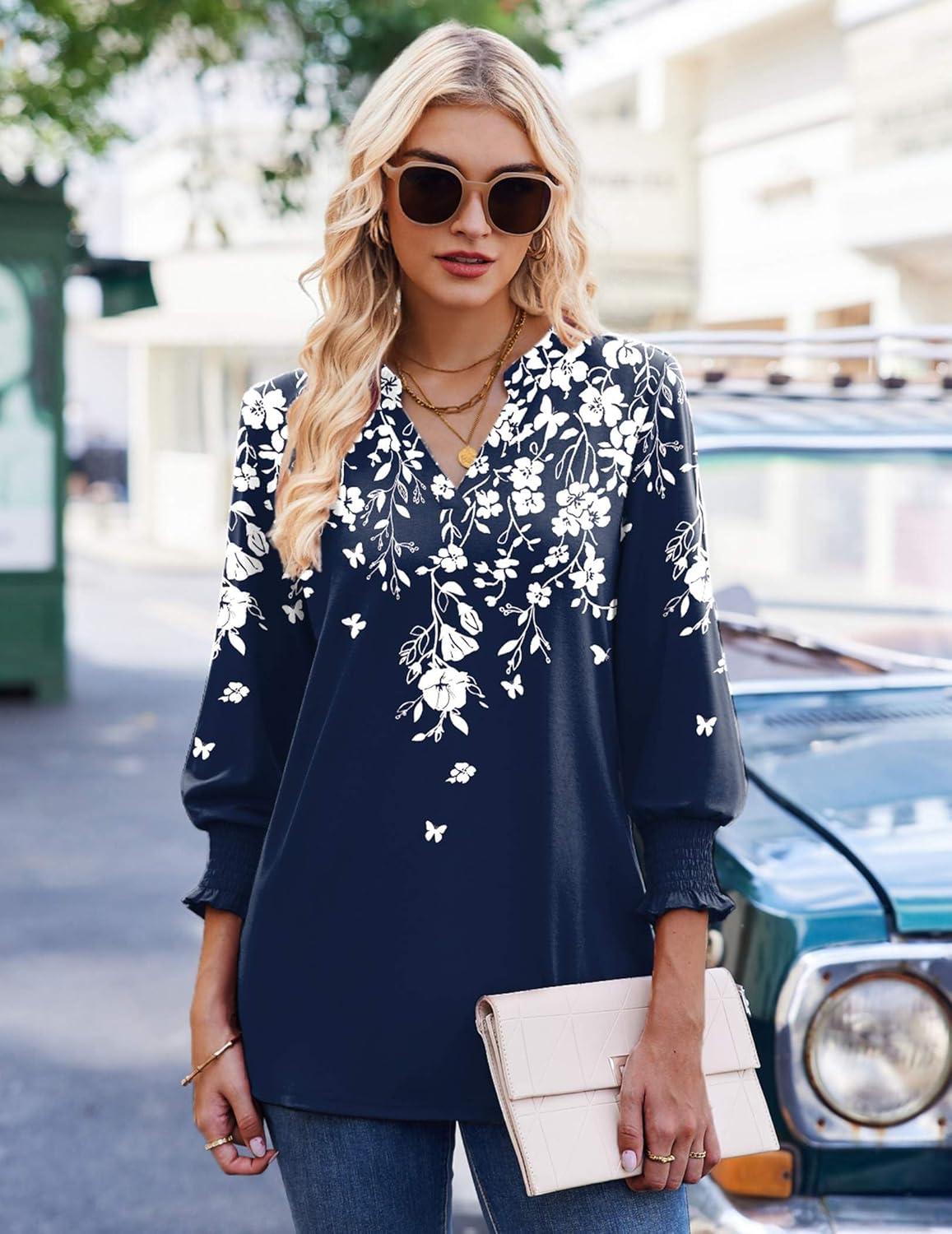 imageZeagoo 34 Length Sleeve Womens Tops 2025 Floral Womens Blouses V Neck TunicTops with Smocked CuffsPrintsf103