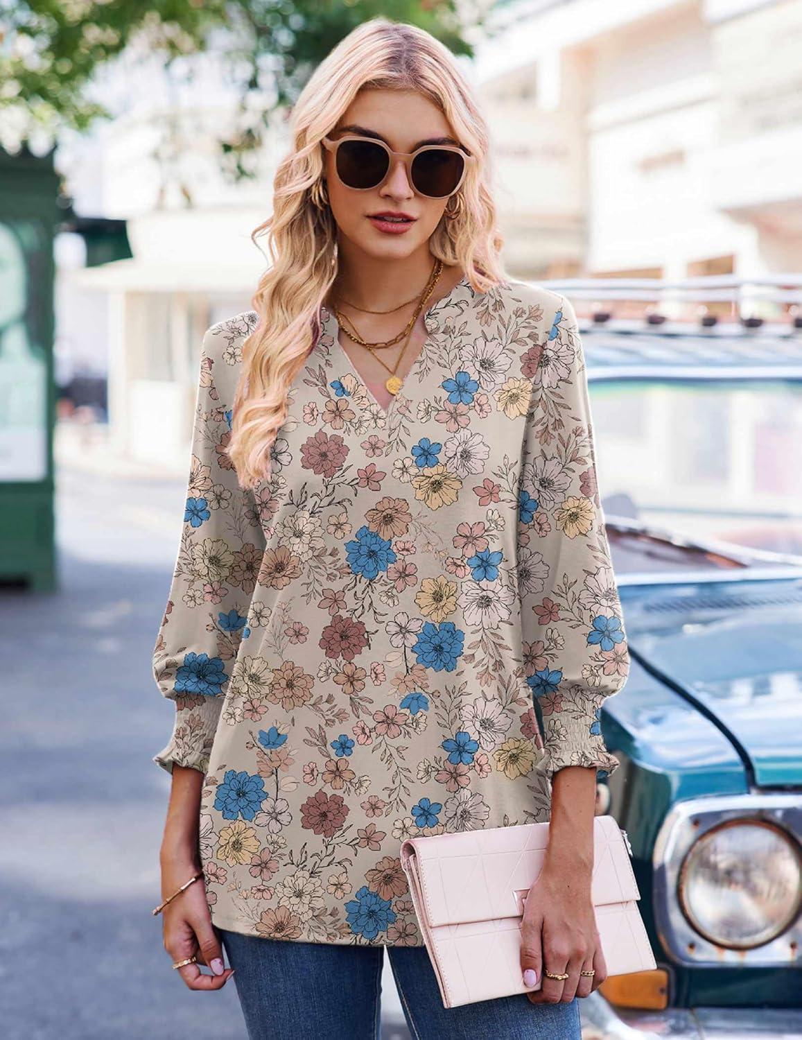 imageZeagoo 34 Length Sleeve Womens Tops 2025 Floral Womens Blouses V Neck TunicTops with Smocked CuffsPrintsf170
