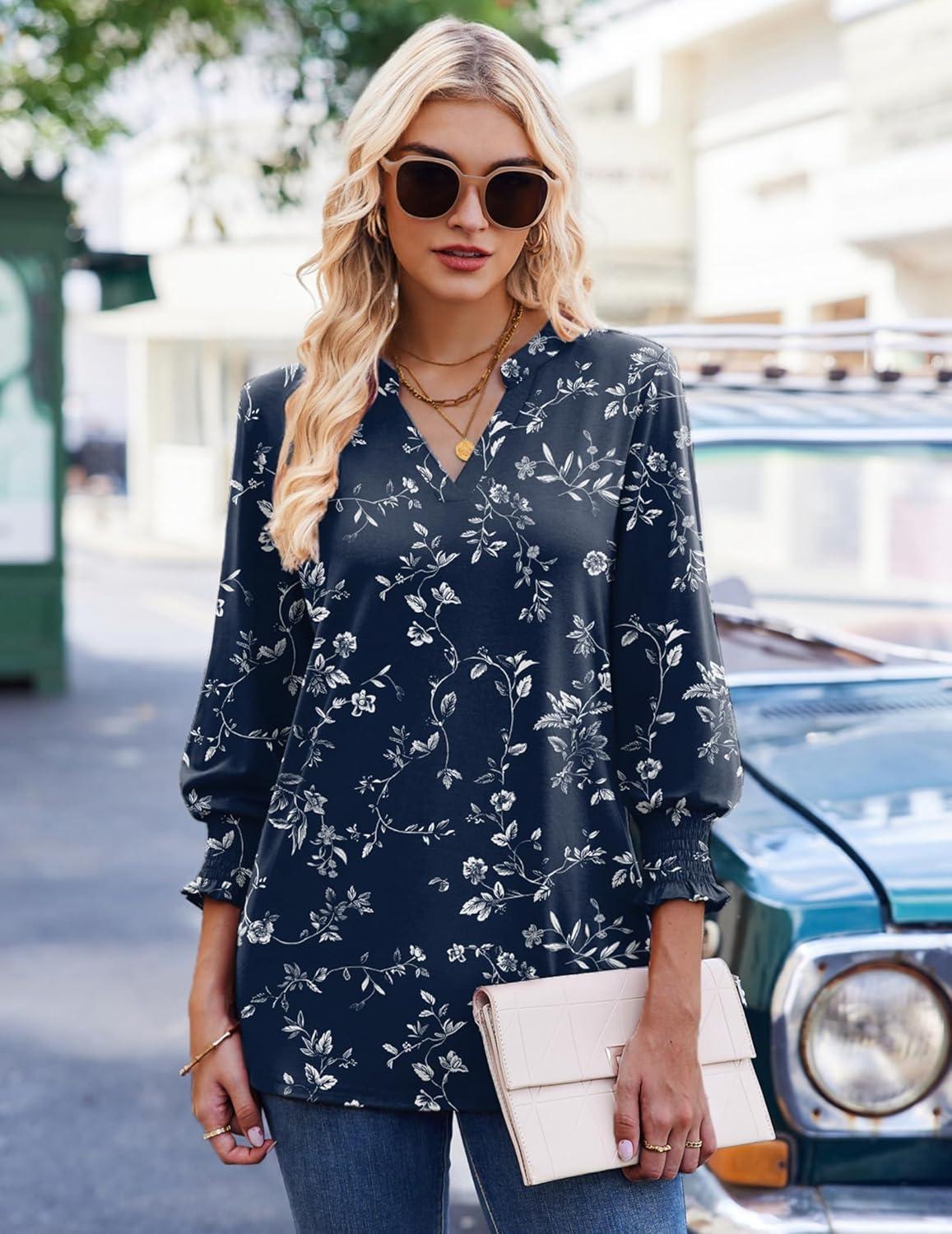 imageZeagoo 34 Length Sleeve Womens Tops 2025 Floral Womens Blouses V Neck TunicTops with Smocked CuffsPrintsf218