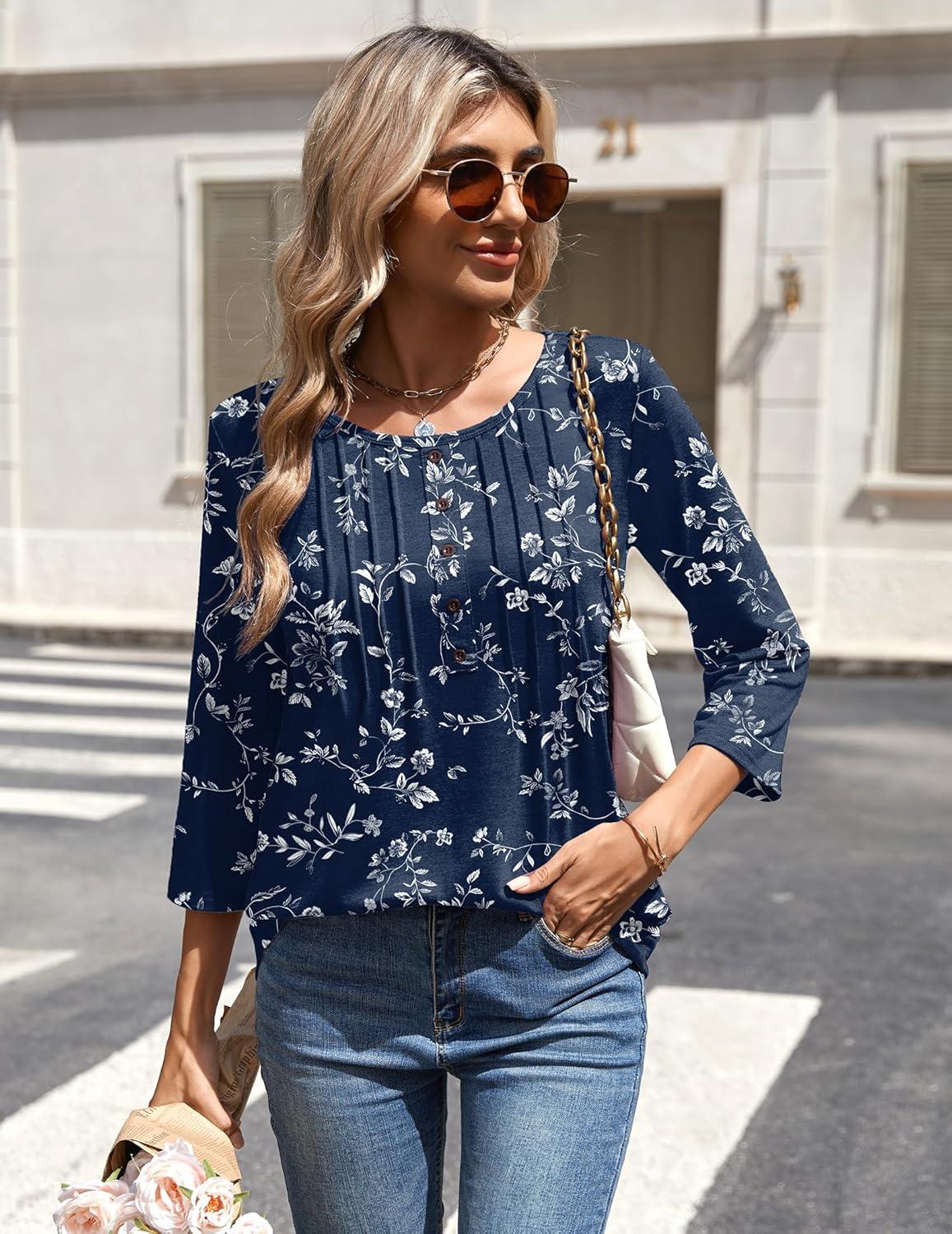 imageZeagoo 34 Length Sleeve Womens Tops Round Neck Casual Summer Tunic Tops Basic Tees Blouses Dressy TShirts Pleated Shirts02 Navy Floral