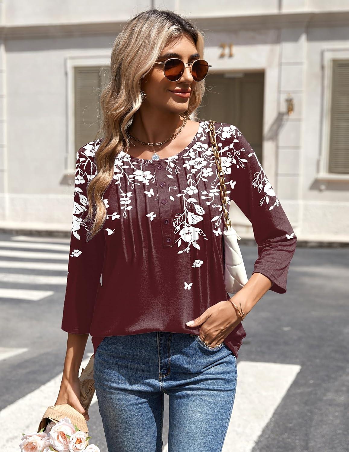 imageZeagoo 34 Length Sleeve Womens Tops Round Neck Casual Summer Tunic Tops Basic Tees Blouses Dressy TShirts Pleated Shirts02 Red