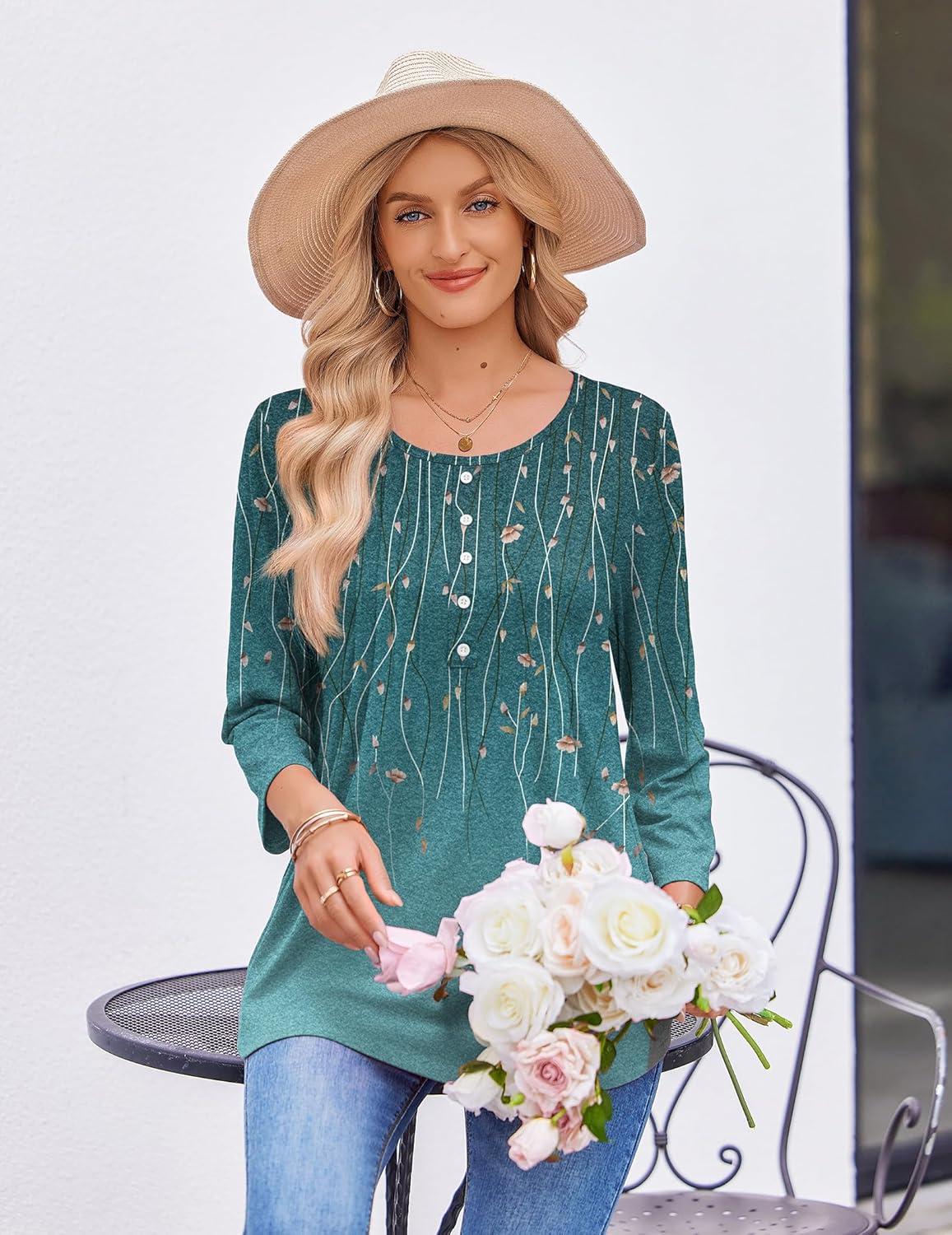 imageZeagoo 34 Length Sleeve Womens Tops Round Neck Casual Summer Tunic Tops Basic Tees Blouses Dressy TShirts Pleated ShirtsAgreen
