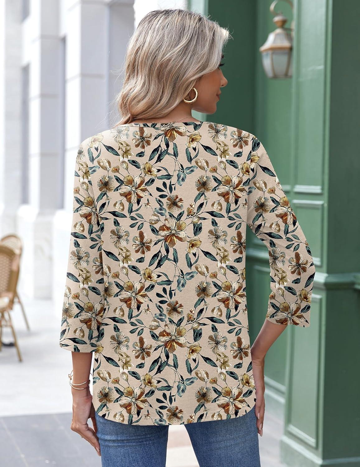 imageZeagoo 34 Length Sleeve Womens Tops Round Neck Casual Summer Tunic Tops Basic Tees Blouses Dressy TShirts Pleated ShirtsApricot