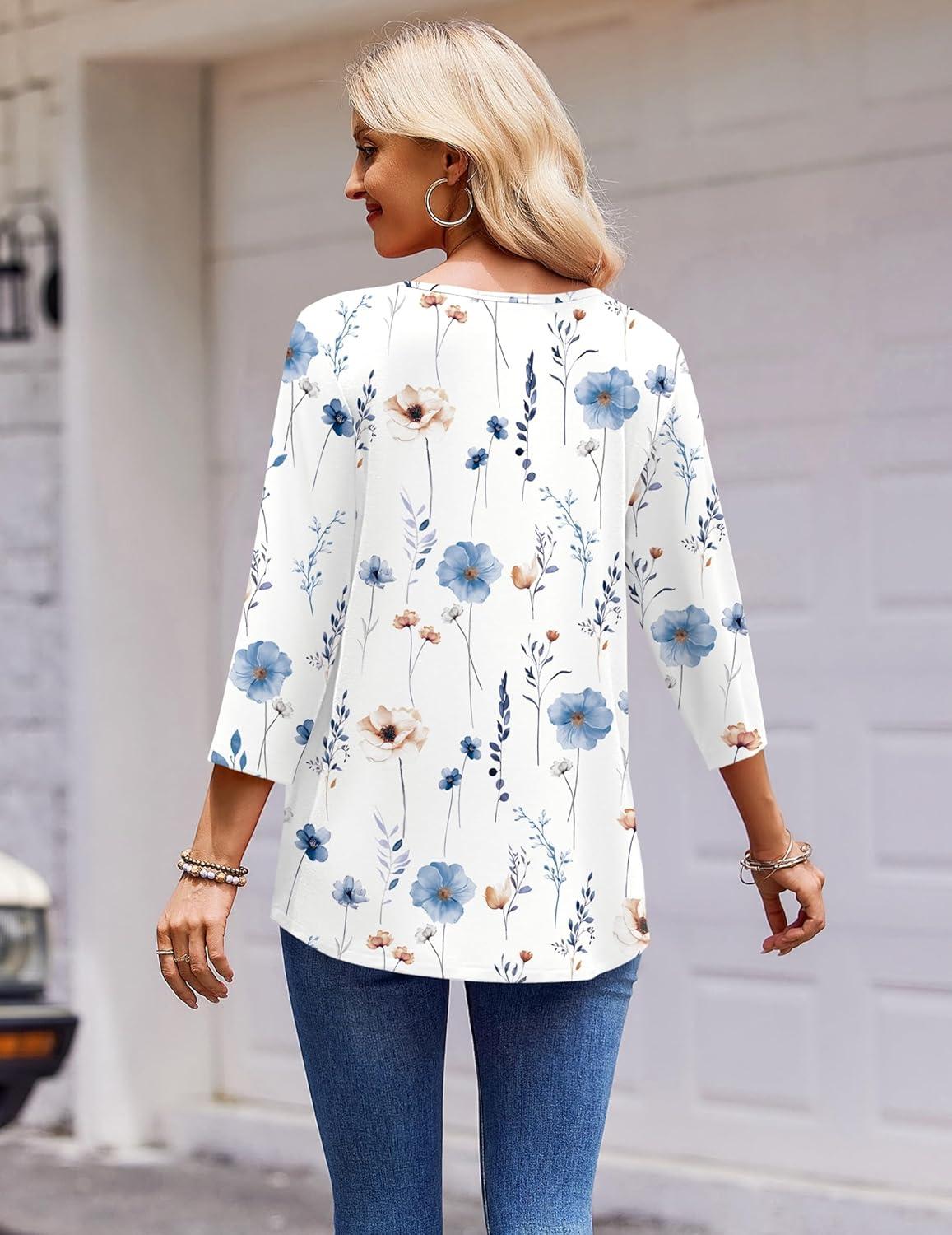 imageZeagoo 34 Length Sleeve Womens Tops Round Neck Casual Summer Tunic Tops Basic Tees Blouses Dressy TShirts Pleated ShirtsAwhite