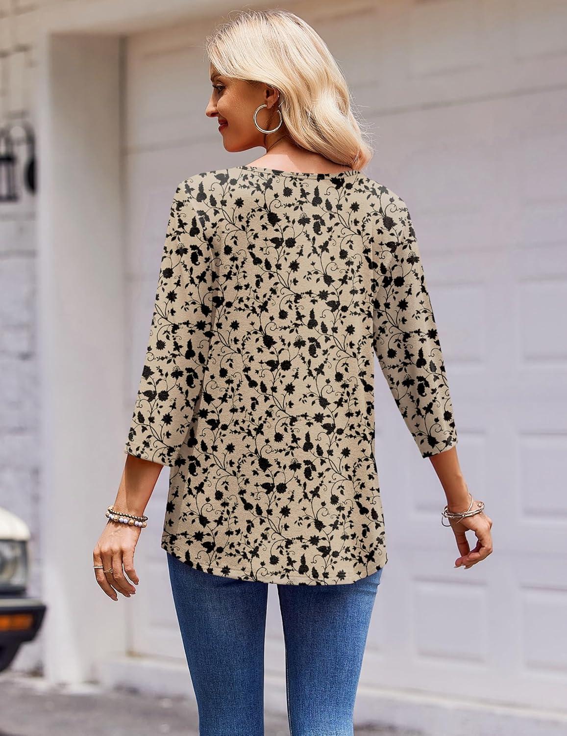 imageZeagoo 34 Length Sleeve Womens Tops Round Neck Casual Summer Tunic Tops Basic Tees Blouses Dressy TShirts Pleated ShirtsBeige
