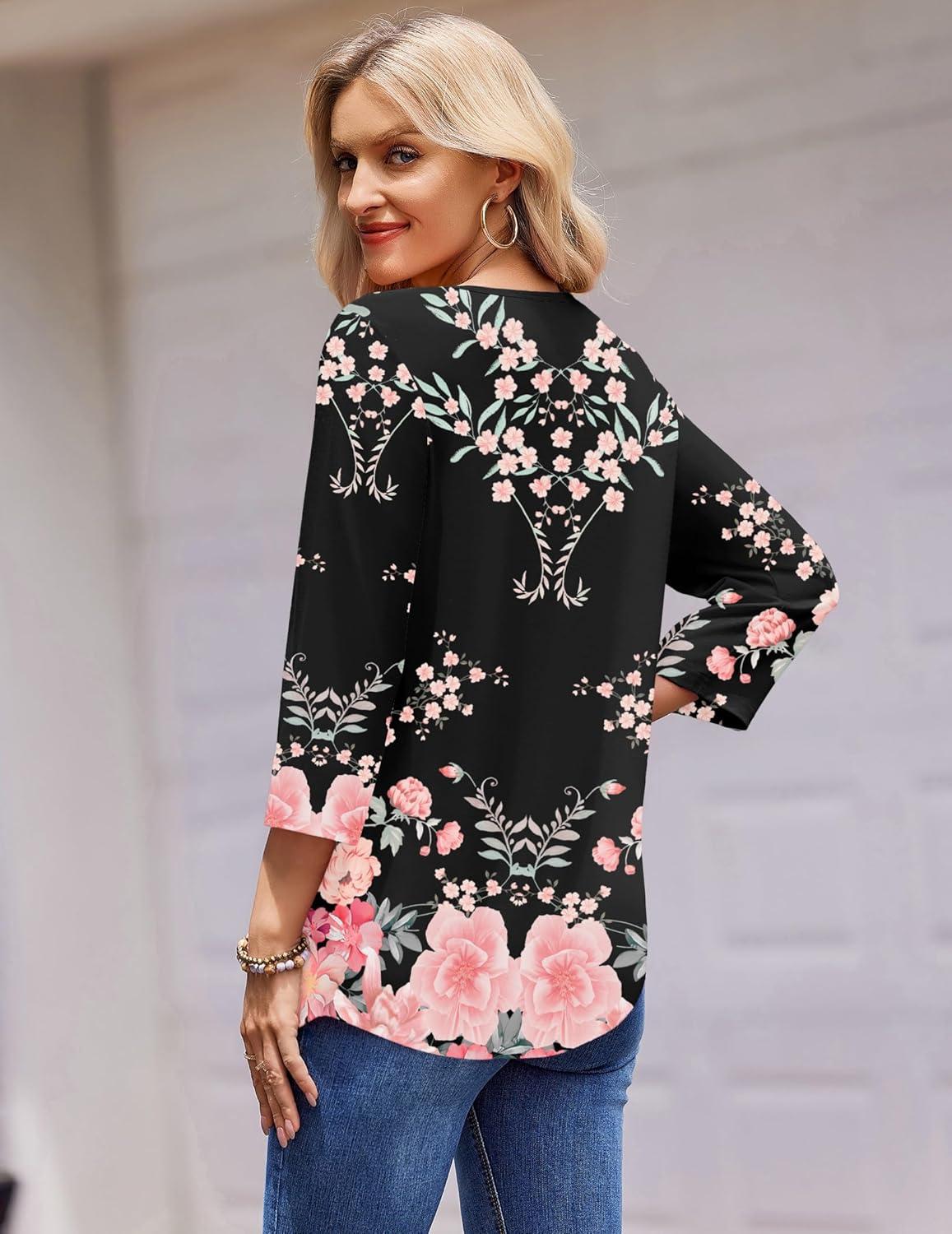 imageZeagoo 34 Length Sleeve Womens Tops Round Neck Casual Summer Tunic Tops Basic Tees Blouses Dressy TShirts Pleated ShirtsBlackpink