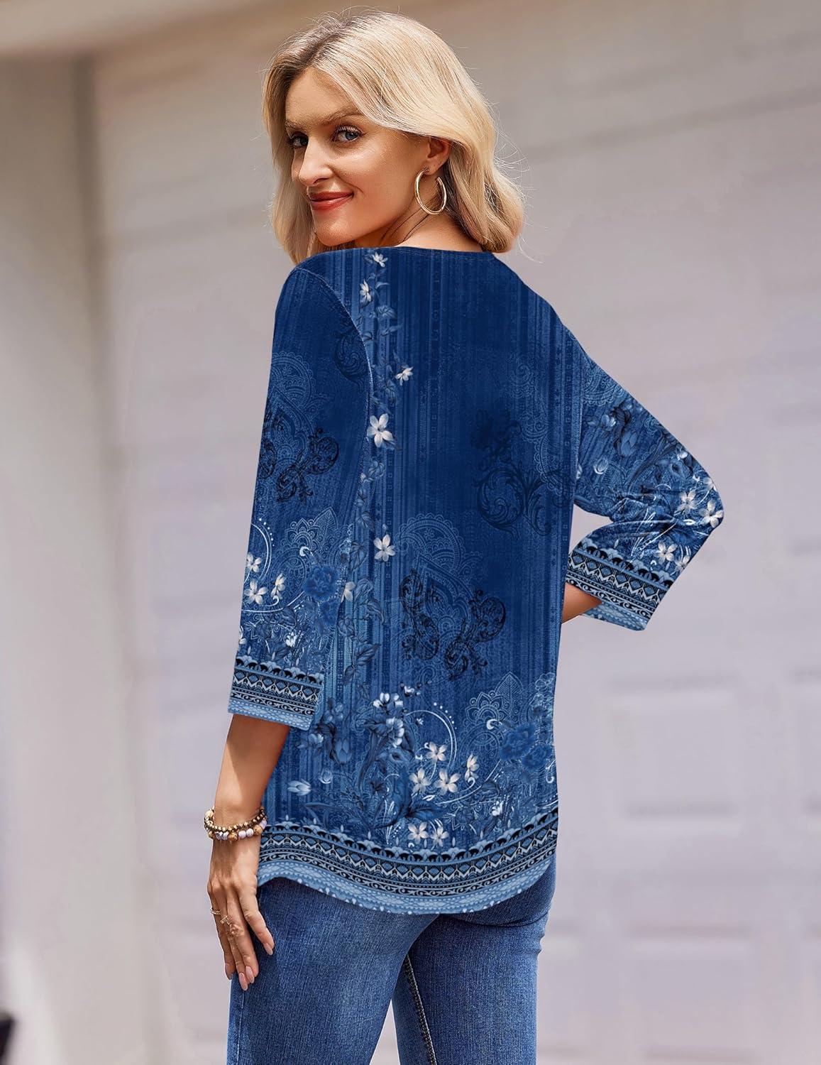 imageZeagoo 34 Length Sleeve Womens Tops Round Neck Casual Summer Tunic Tops Basic Tees Blouses Dressy TShirts Pleated ShirtsBlue
