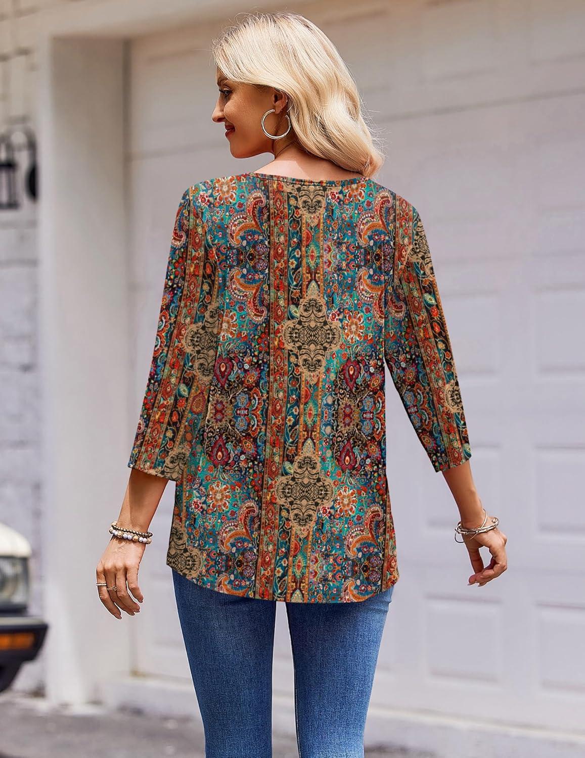 imageZeagoo 34 Length Sleeve Womens Tops Round Neck Casual Summer Tunic Tops Basic Tees Blouses Dressy TShirts Pleated ShirtsBrown