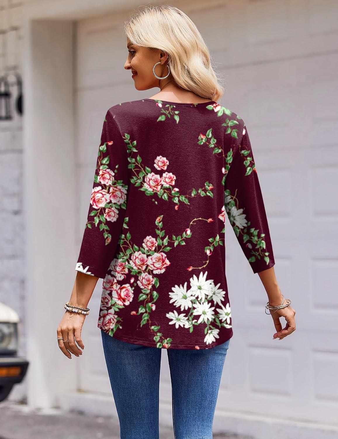 imageZeagoo 34 Length Sleeve Womens Tops Round Neck Casual Summer Tunic Tops Basic Tees Blouses Dressy TShirts Pleated ShirtsDh1021