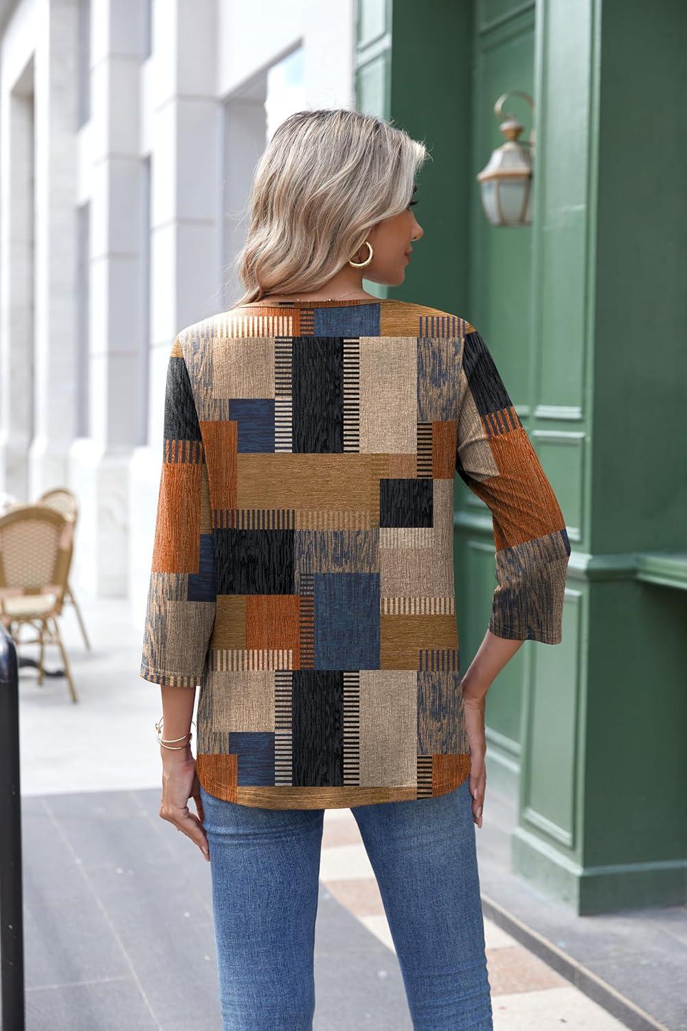 imageZeagoo 34 Length Sleeve Womens Tops Round Neck Casual Summer Tunic Tops Basic Tees Blouses Dressy TShirts Pleated ShirtsGeometric Color Block