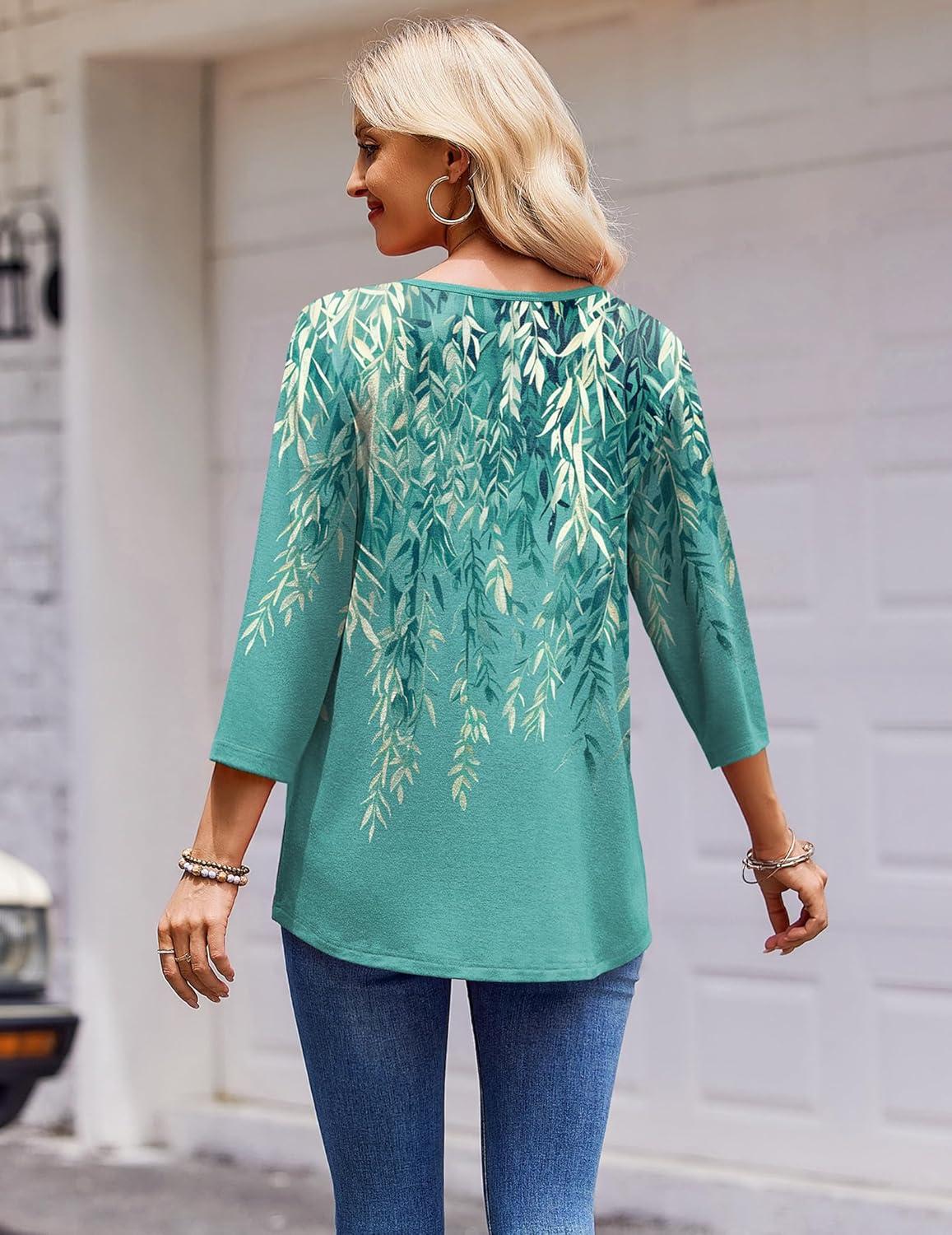 imageZeagoo 34 Length Sleeve Womens Tops Round Neck Casual Summer Tunic Tops Basic Tees Blouses Dressy TShirts Pleated ShirtsGreen