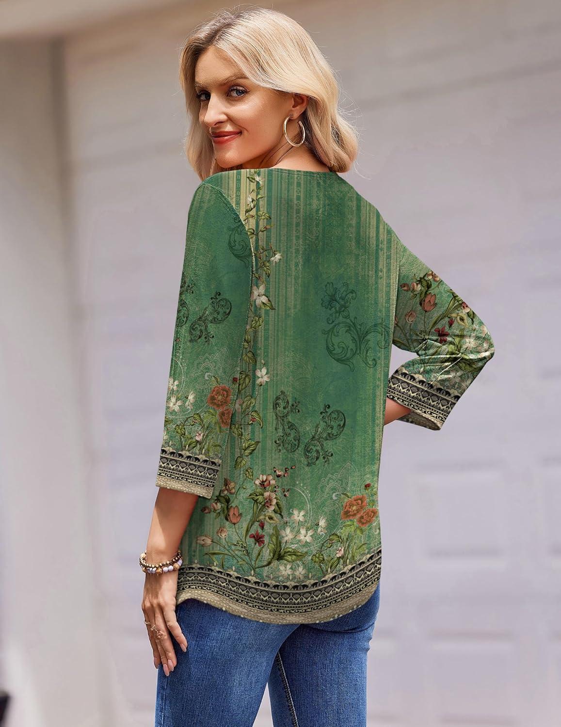 imageZeagoo 34 Length Sleeve Womens Tops Round Neck Casual Summer Tunic Tops Basic Tees Blouses Dressy TShirts Pleated ShirtsGreenyellow