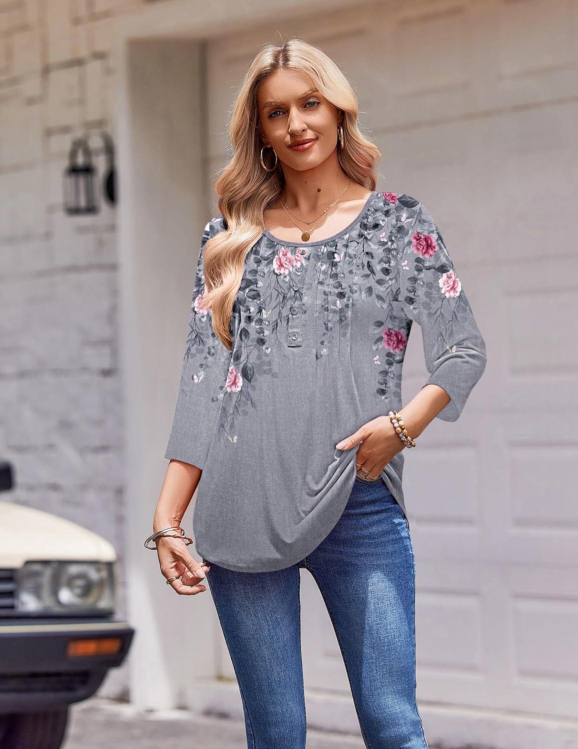 imageZeagoo 34 Length Sleeve Womens Tops Round Neck Casual Summer Tunic Tops Basic Tees Blouses Dressy TShirts Pleated ShirtsGrey