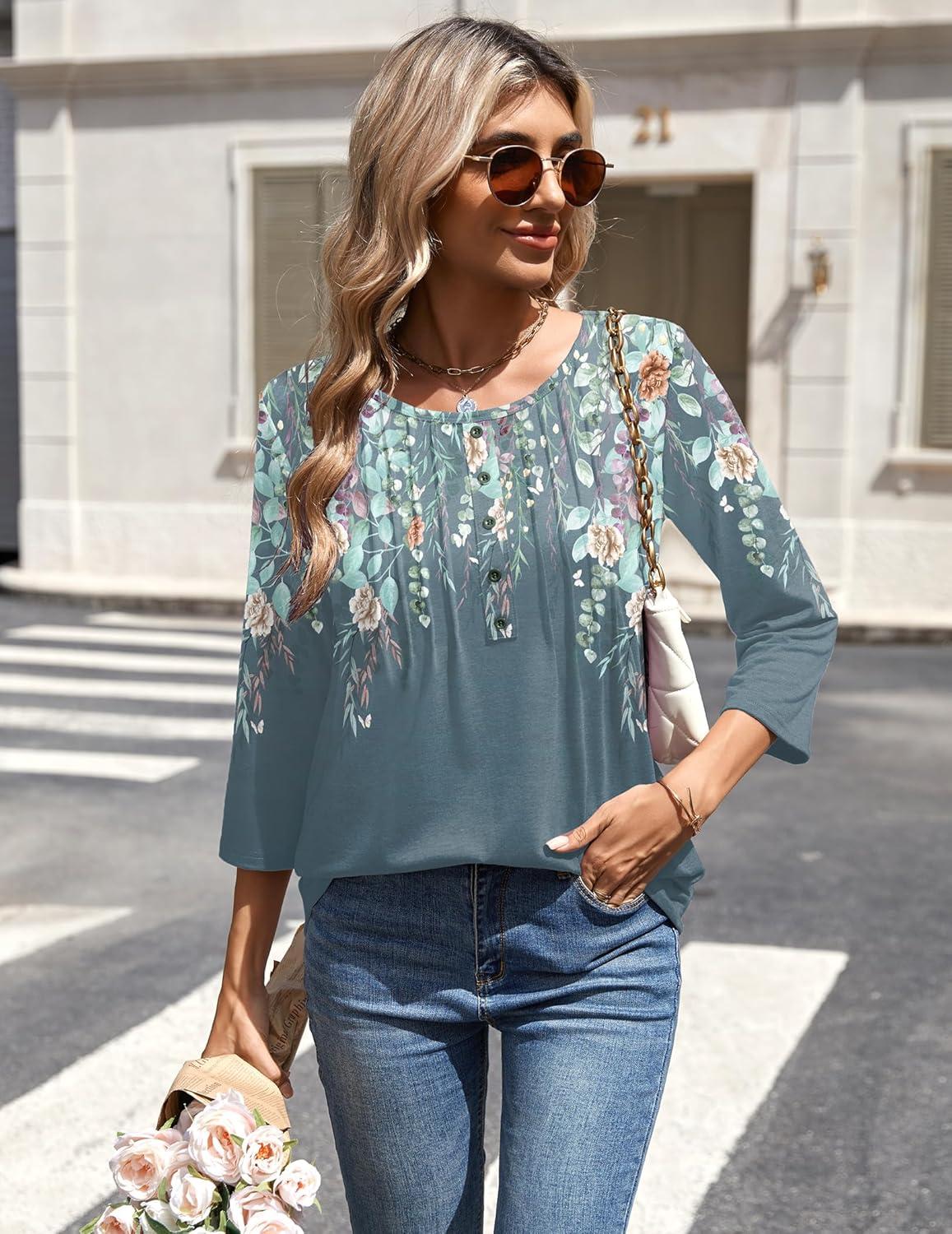 imageZeagoo 34 Length Sleeve Womens Tops Round Neck Casual Summer Tunic Tops Basic Tees Blouses Dressy TShirts Pleated ShirtsGrey Floral
