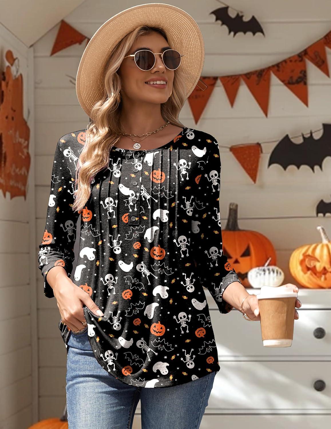 imageZeagoo 34 Length Sleeve Womens Tops Round Neck Casual Summer Tunic Tops Basic Tees Blouses Dressy TShirts Pleated ShirtsHalloween Print 01