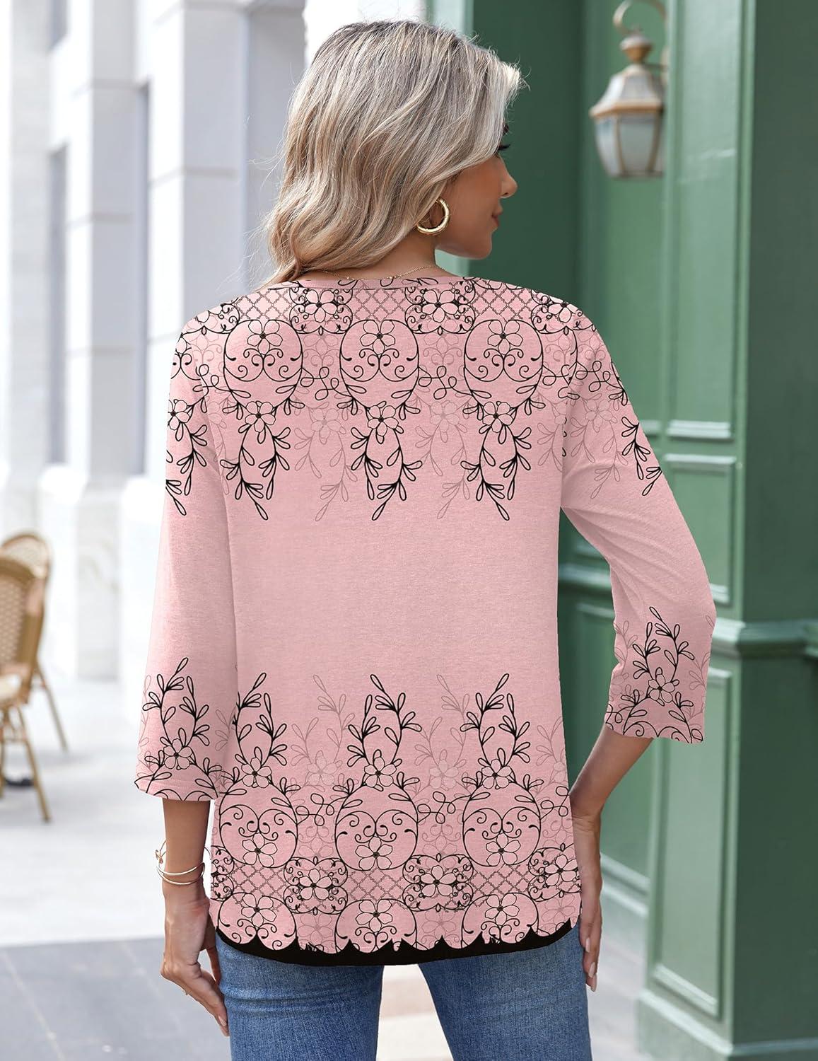 imageZeagoo 34 Length Sleeve Womens Tops Round Neck Casual Summer Tunic Tops Basic Tees Blouses Dressy TShirts Pleated ShirtsHot Pink