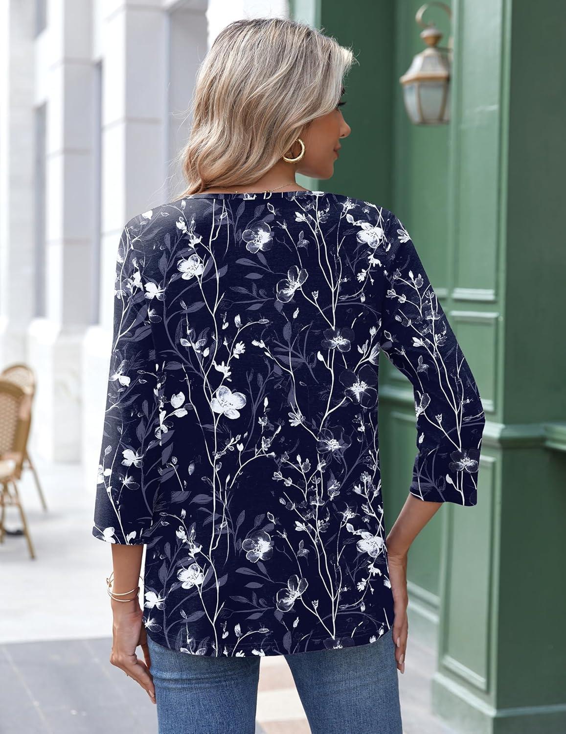 imageZeagoo 34 Length Sleeve Womens Tops Round Neck Casual Summer Tunic Tops Basic Tees Blouses Dressy TShirts Pleated ShirtsNavy Floral