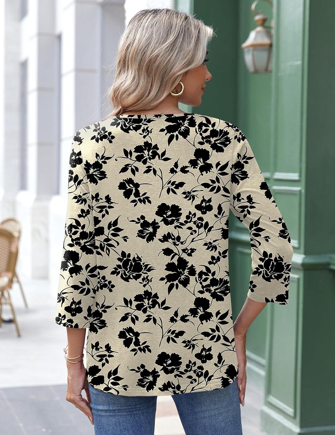 imageZeagoo 34 Length Sleeve Womens Tops Round Neck Casual Summer Tunic Tops Basic Tees Blouses Dressy TShirts Pleated ShirtsOffwhite
