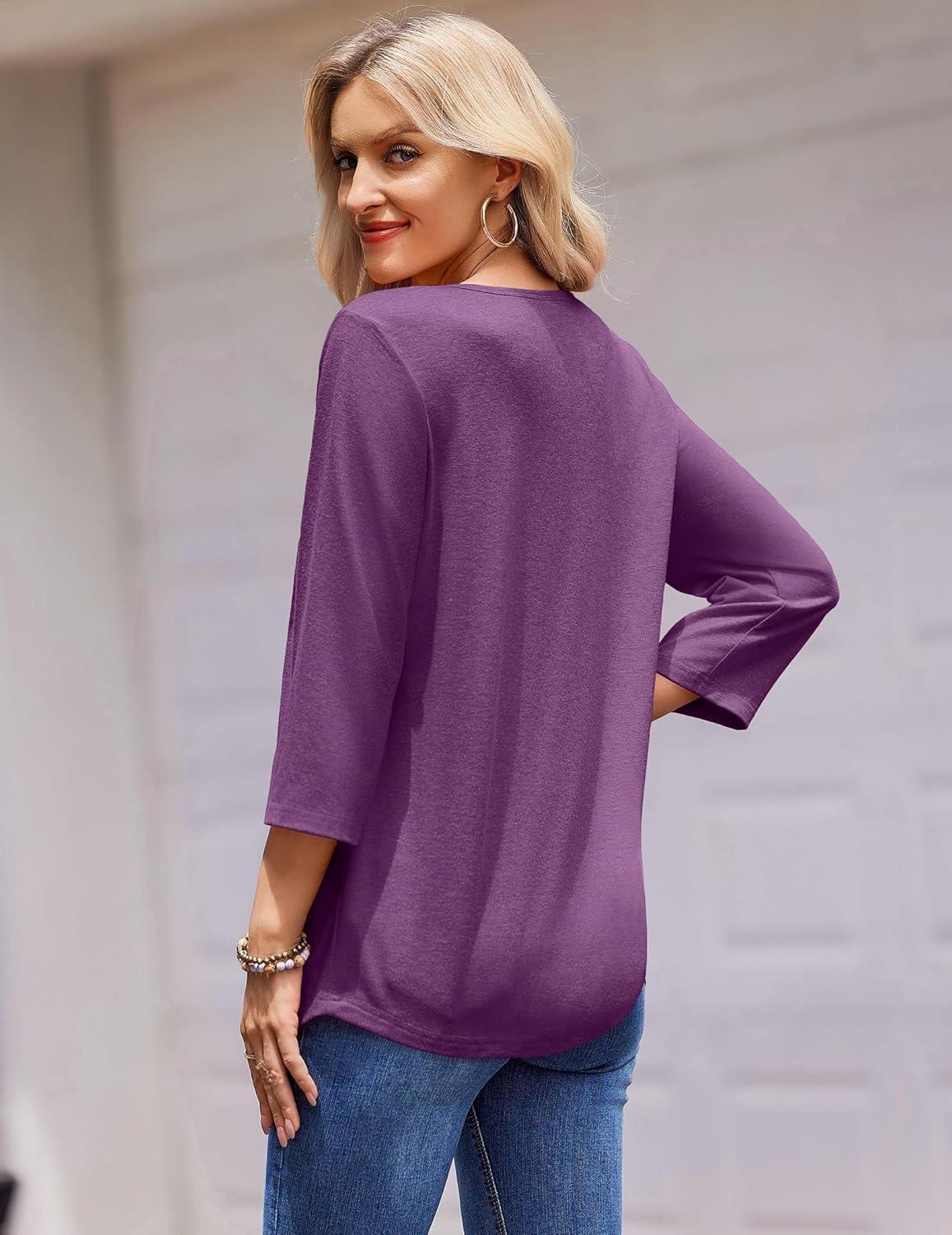 imageZeagoo 34 Length Sleeve Womens Tops Round Neck Casual Summer Tunic Tops Basic Tees Blouses Dressy TShirts Pleated ShirtsPurple