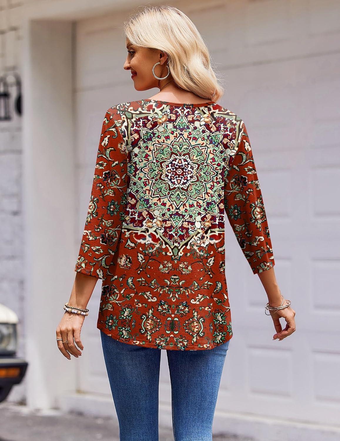 imageZeagoo 34 Length Sleeve Womens Tops Round Neck Casual Summer Tunic Tops Basic Tees Blouses Dressy TShirts Pleated ShirtsRed