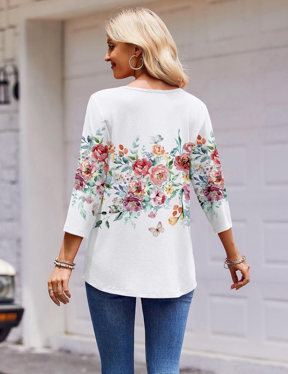 imageZeagoo 34 Length Sleeve Womens Tops Round Neck Casual Summer Tunic Tops Basic Tees Blouses Dressy TShirts Pleated ShirtsWhite