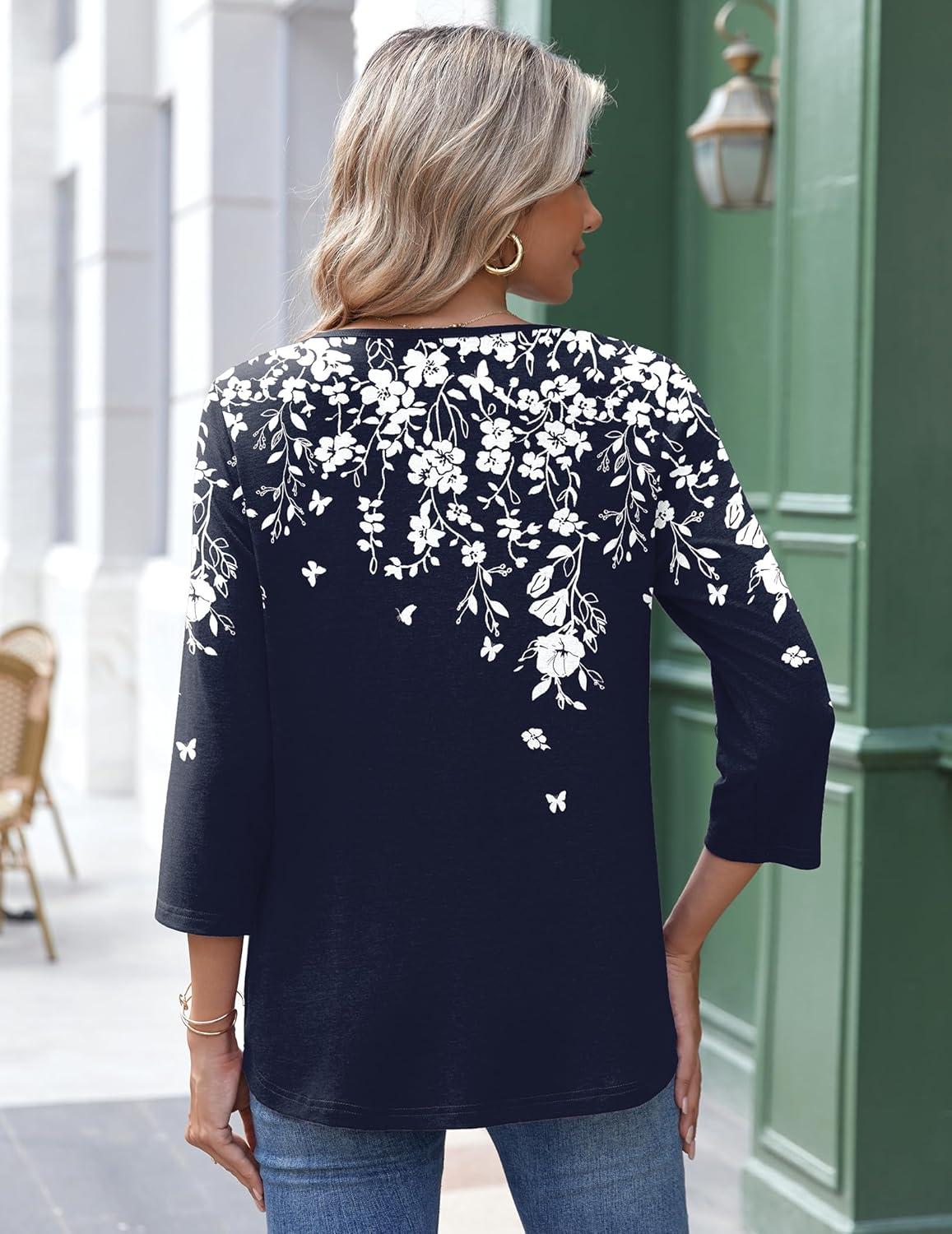 imageZeagoo 34 Length Sleeve Womens Tops Round Neck Casual Summer Tunic Tops Basic Tees Blouses Dressy TShirts Pleated ShirtsWhite Flowersf103