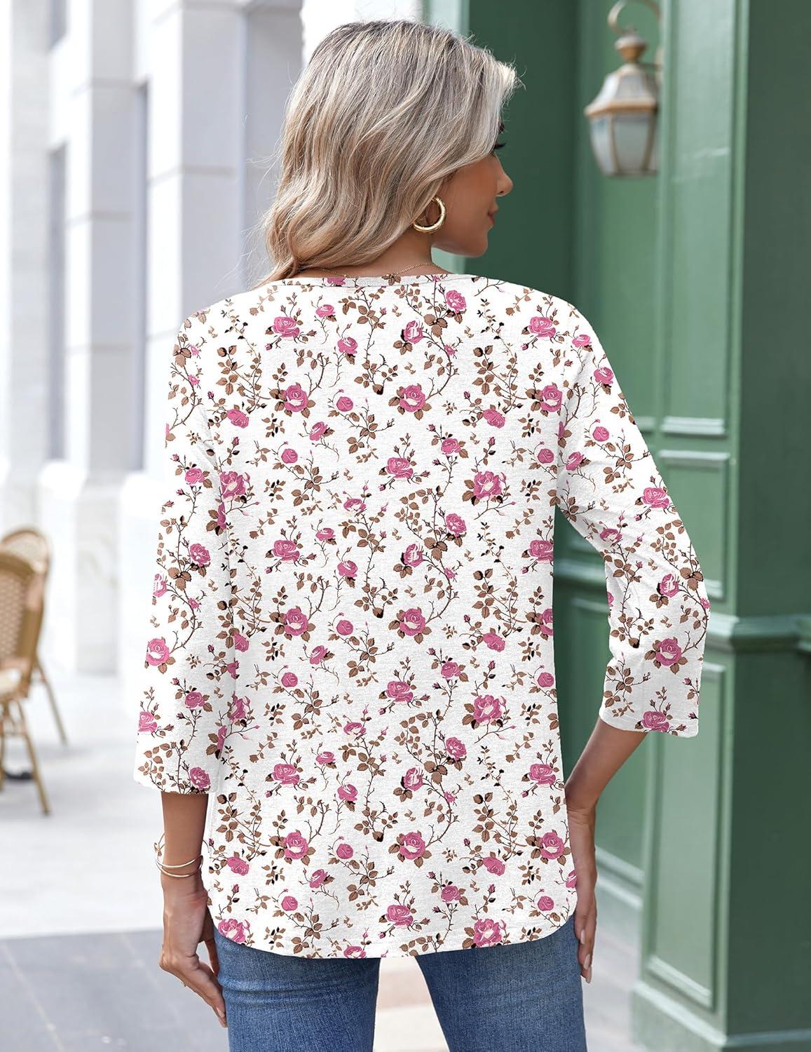 imageZeagoo 34 Length Sleeve Womens Tops Round Neck Casual Summer Tunic Tops Basic Tees Blouses Dressy TShirts Pleated ShirtsWhite Pink