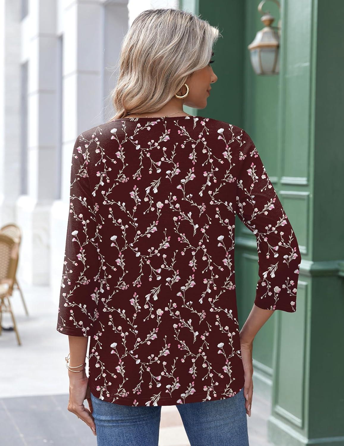 imageZeagoo 34 Length Sleeve Womens Tops Round Neck Casual Summer Tunic Tops Basic Tees Blouses Dressy TShirts Pleated ShirtsWine Red