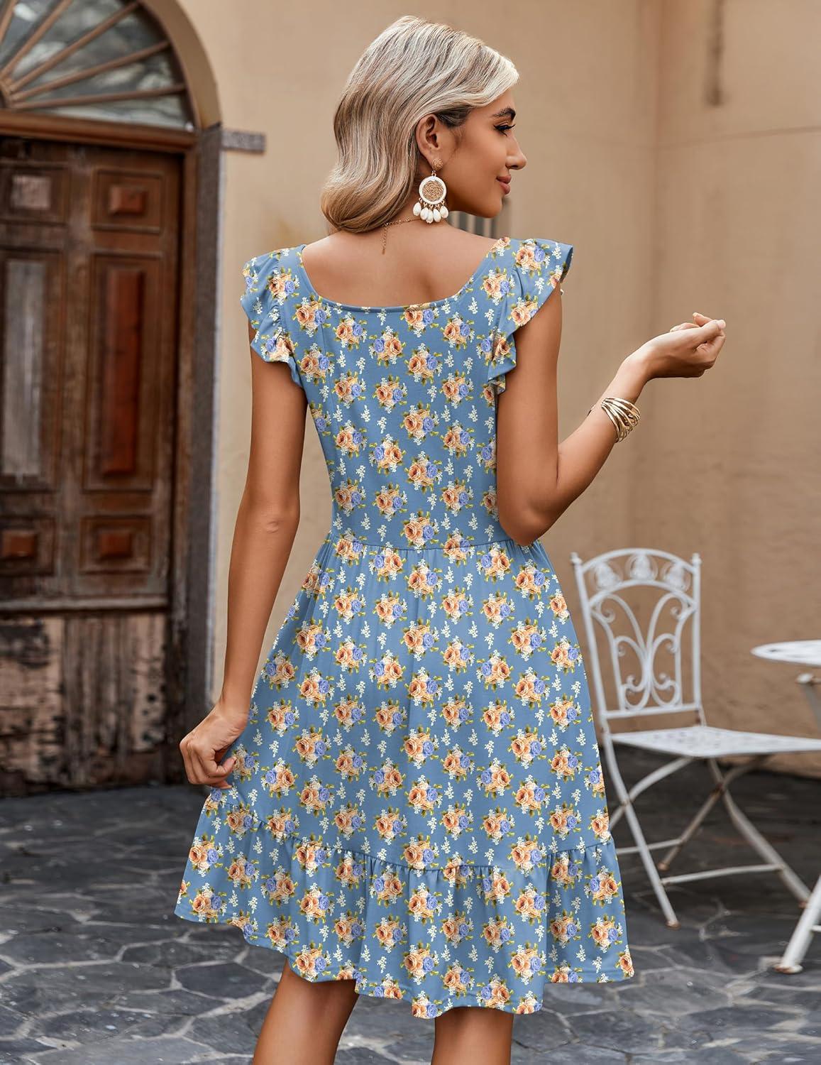 imageZeagoo Boho Mini Aline Dress 2025 Womens Summer Dress Casual Ruffle Tiered Floral Square Neck Sundresses Beach with Pockets02 Blue Floral