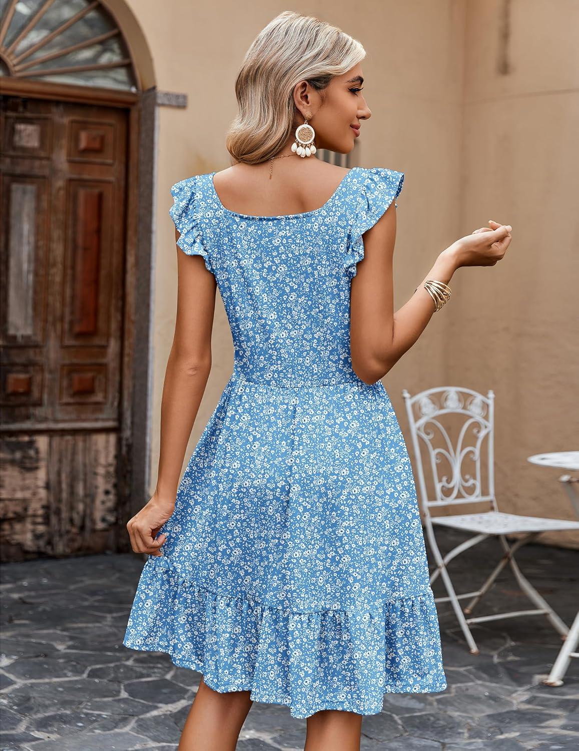 imageZeagoo Boho Mini Aline Dress 2025 Womens Summer Dress Casual Ruffle Tiered Floral Square Neck Sundresses Beach with PocketsBlue Floral