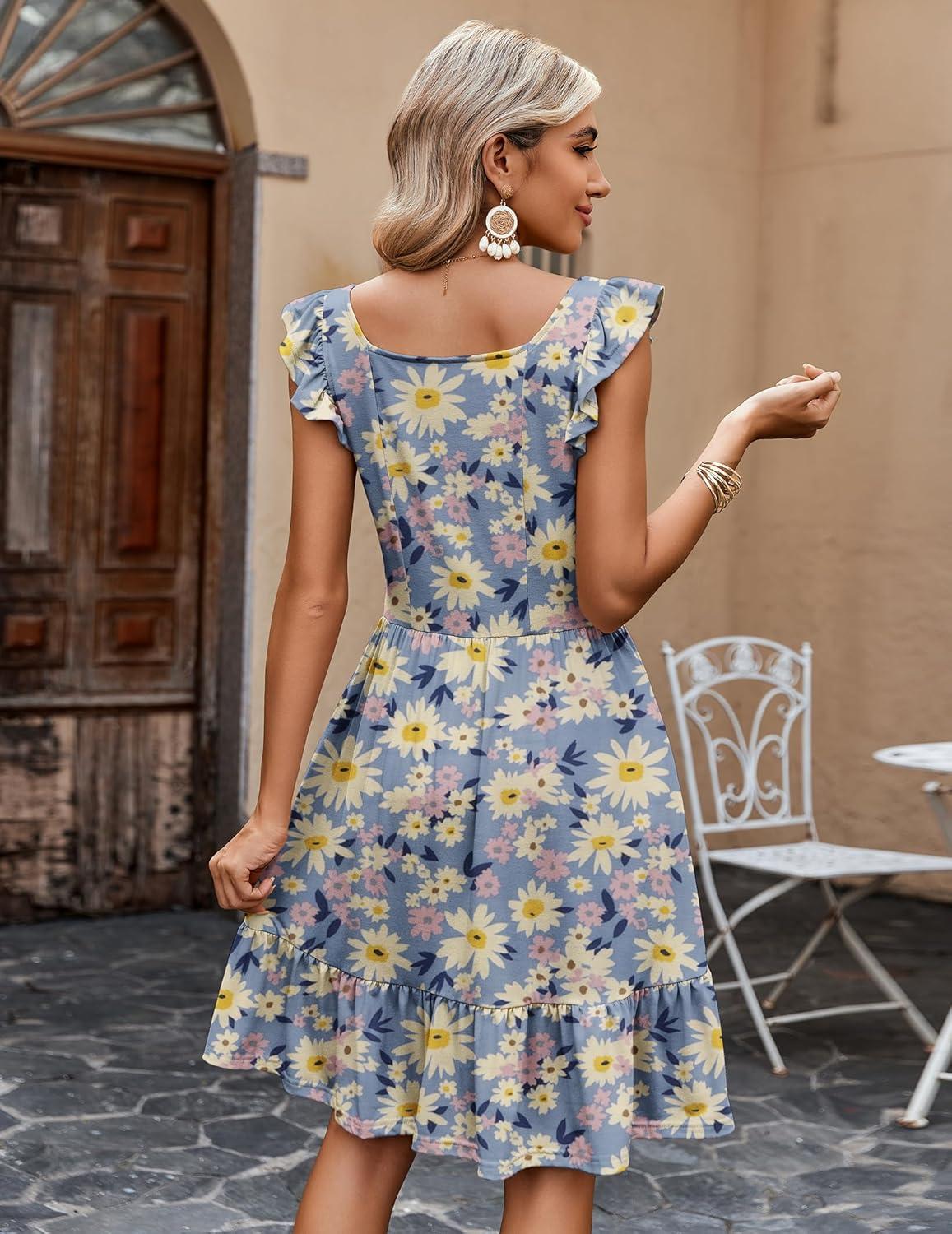 imageZeagoo Boho Mini Aline Dress 2025 Womens Summer Dress Casual Ruffle Tiered Floral Square Neck Sundresses Beach with PocketsBlue Pink Floral