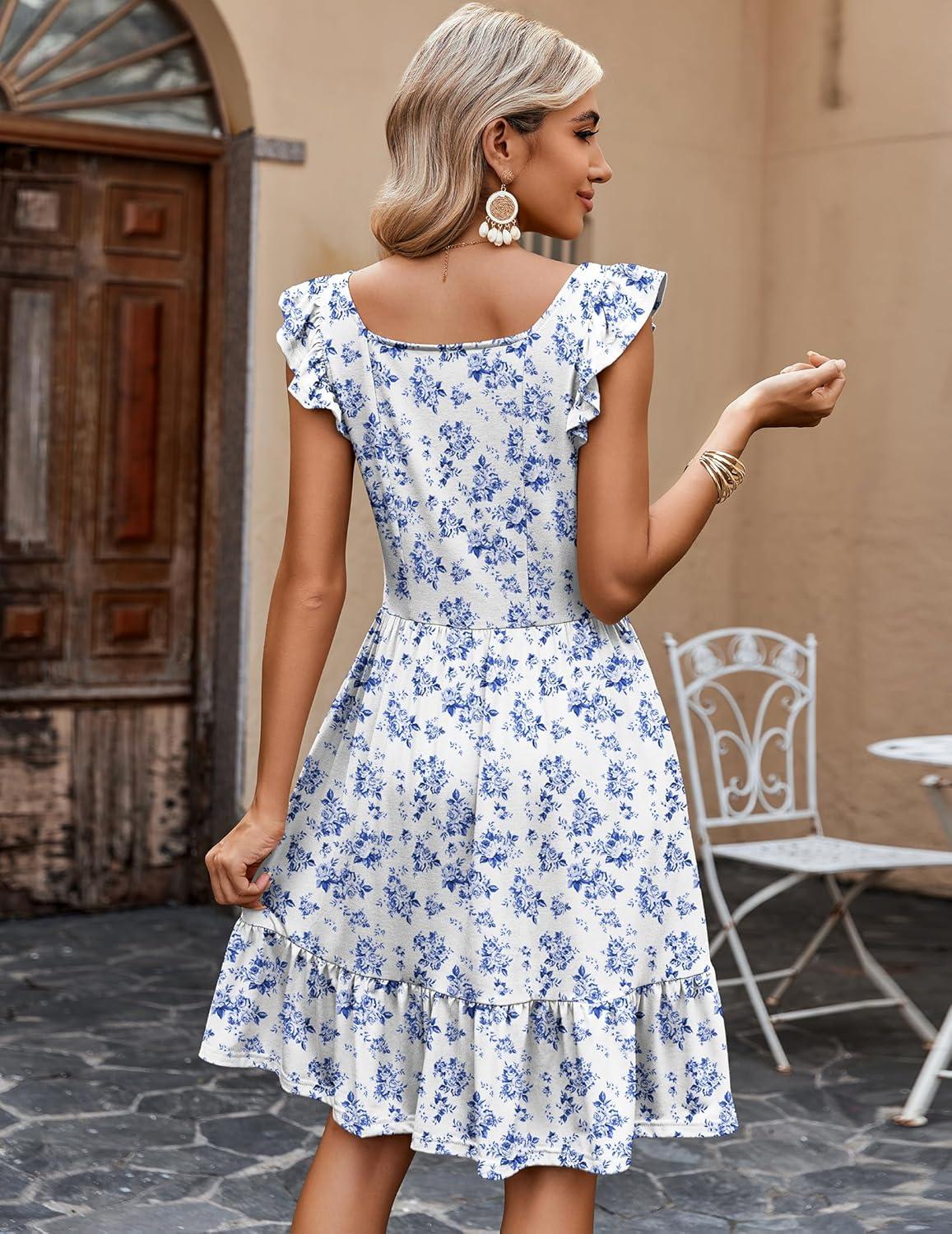 imageZeagoo Boho Mini Aline Dress 2025 Womens Summer Dress Casual Ruffle Tiered Floral Square Neck Sundresses Beach with PocketsBlue White Floral