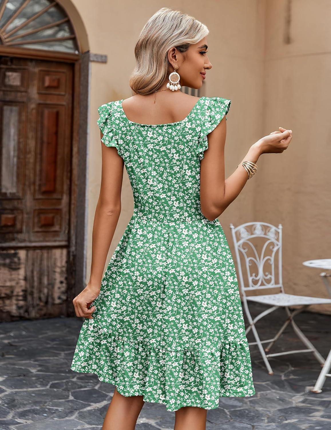 imageZeagoo Boho Mini Aline Dress 2025 Womens Summer Dress Casual Ruffle Tiered Floral Square Neck Sundresses Beach with PocketsGreen White Floral
