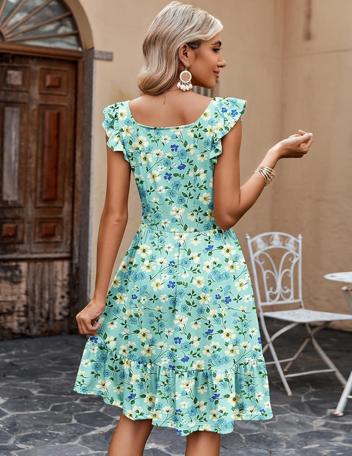 imageZeagoo Boho Mini Aline Dress 2025 Womens Summer Dress Casual Ruffle Tiered Floral Square Neck Sundresses Beach with PocketsLight Blue Floral