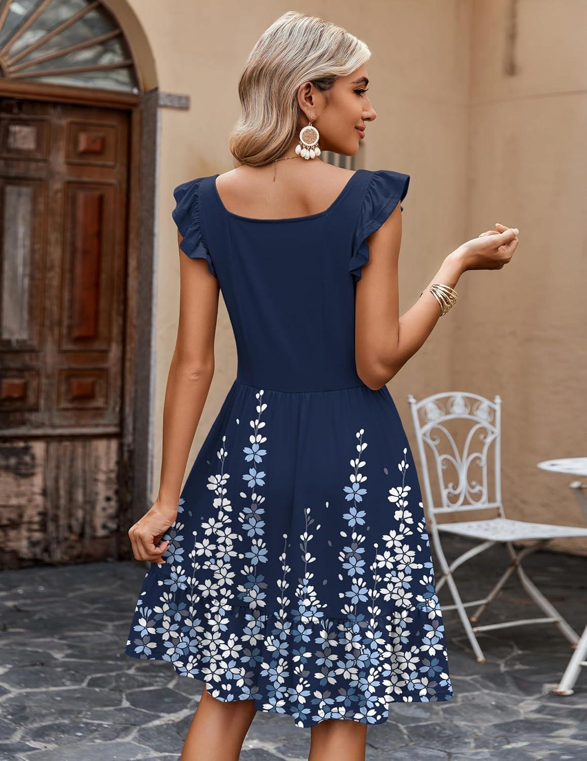 imageZeagoo Boho Mini Aline Dress 2025 Womens Summer Dress Casual Ruffle Tiered Floral Square Neck Sundresses Beach with PocketsNavy Floral