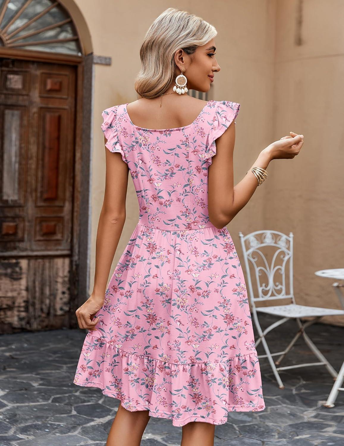 imageZeagoo Boho Mini Aline Dress 2025 Womens Summer Dress Casual Ruffle Tiered Floral Square Neck Sundresses Beach with PocketsPink Floral